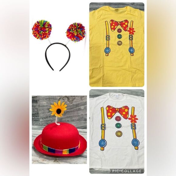 Other - Halloween Bundle Clown Circus T-shirt's, Pom Pom headband and Derby Hat